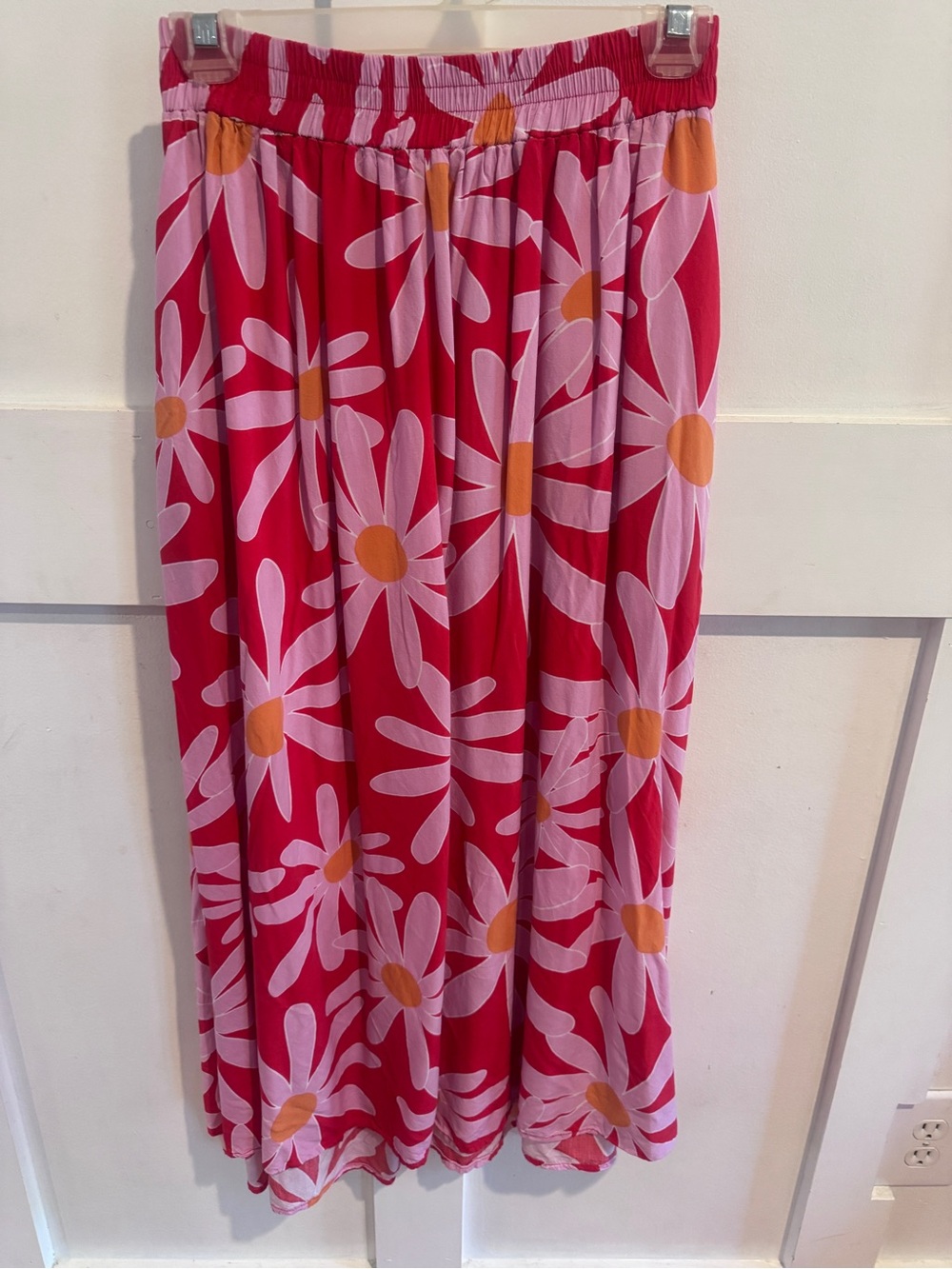 Bright Floral Maxi Skirt with Pink Daisies and Orange Centers